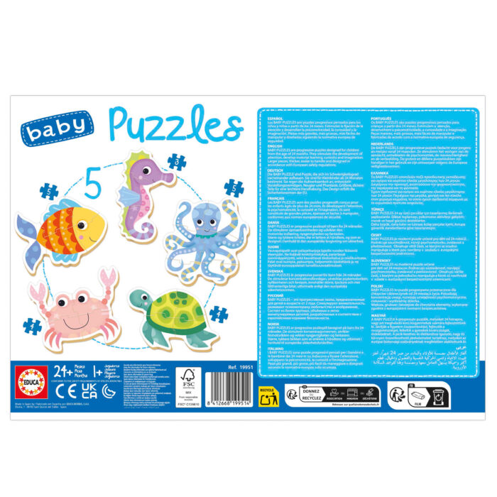 Baby Puzzles Animais Aquáticos Polvo, Tartaruga, Cavalo-Marinho, Caranguejo, Peixe